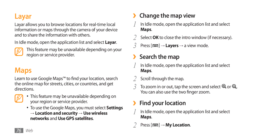 Samsung GT-I5800 user manual Layar, Maps, ›› Change the map view, ›› Search the map, ›› Find your location 