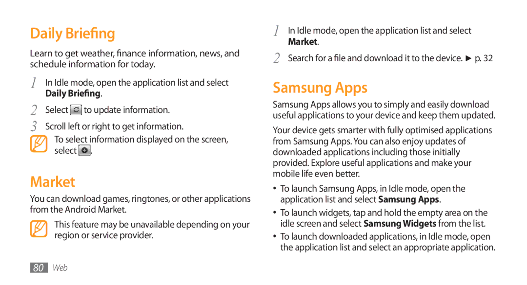 Samsung GT-I5800 user manual Daily Briefing, Market, Samsung Apps 