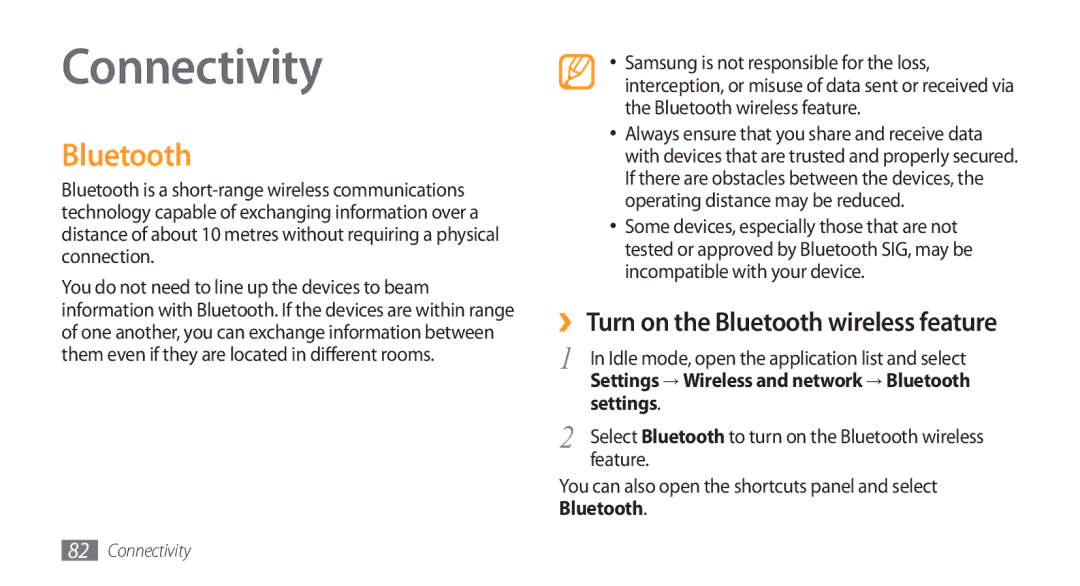 Samsung GT-I5800 user manual Connectivity, Feature, You can also open the shortcuts panel and select Bluetooth 