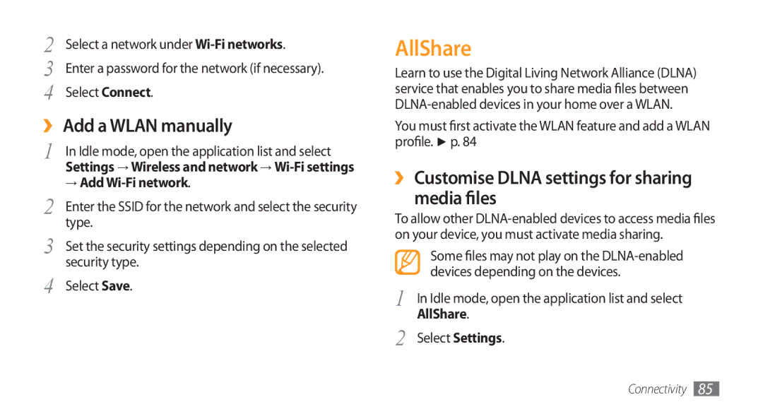 Samsung GT-I5800 AllShare, ›› Add a Wlan manually, ›› Customise Dlna settings for sharing Media files, → Add Wi-Fi network 