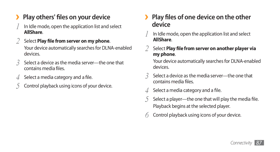 Samsung GT-I5800 user manual ›› Play others files on your device, ›› Play files of one device on the other device, My phone 