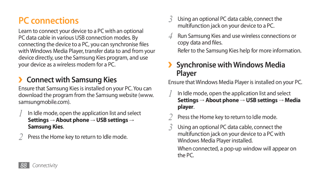 Samsung GT-I5800 user manual PC connections, ›› Connect with Samsung Kies, ›› Synchronise with Windows Media Player 