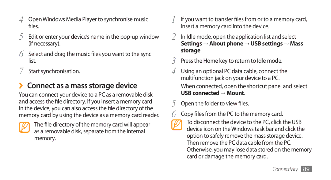 Samsung GT-I5800 user manual ›› Connect as a mass storage device, Storage, USB connected → Mount 