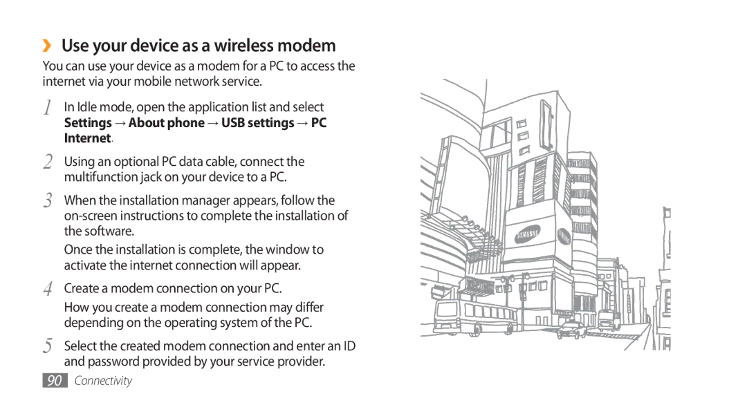 Samsung GT-I5800 user manual ›› Use your device as a wireless modem, Software, Activate the internet connection will appear 