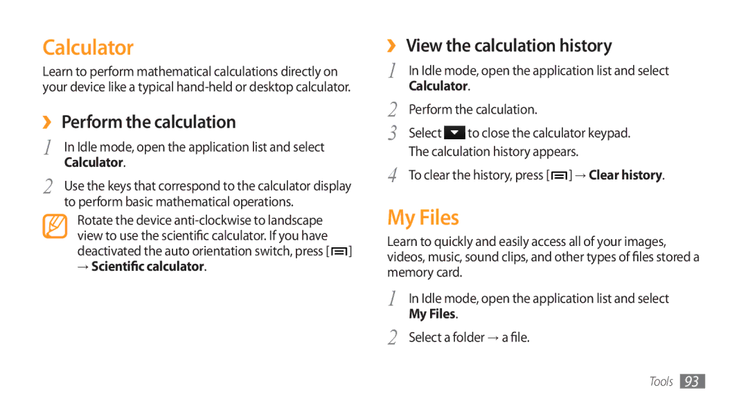 Samsung GT-I5800 user manual Calculator, My Files, ›› Perform the calculation, ›› View the calculation history 