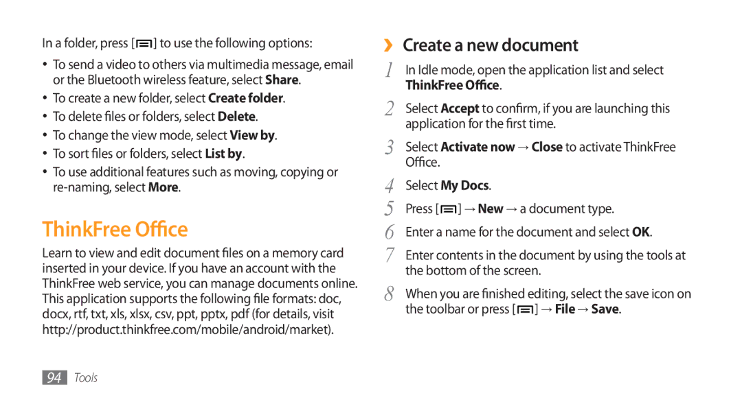 Samsung GT-I5800 user manual ThinkFree Office, ›› Create a new document 