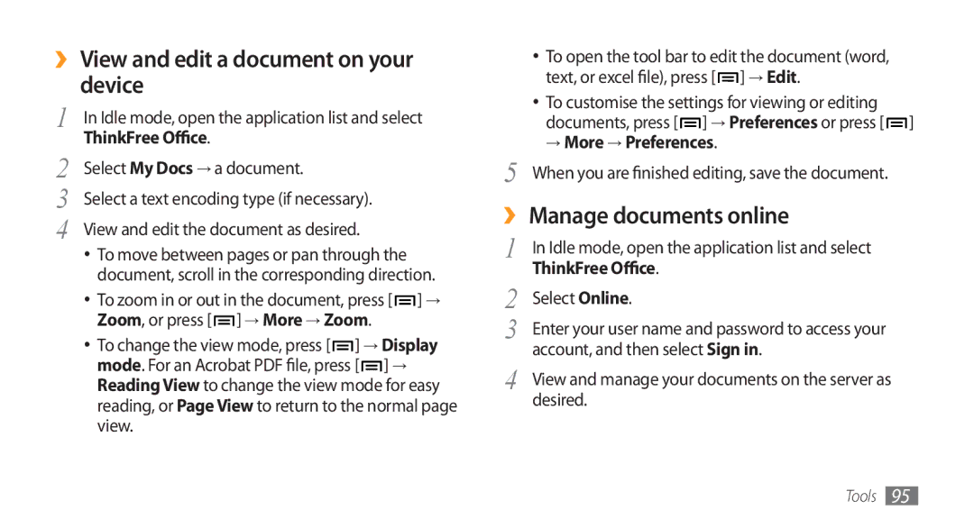 Samsung GT-I5800 user manual ›› View and edit a document on your device, ›› Manage documents online, → More → Preferences 