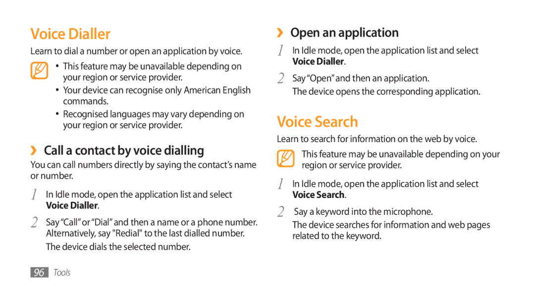 Samsung GT-I5800 user manual Voice Dialler, Voice Search, ›› Call a contact by voice dialling, ›› Open an application 