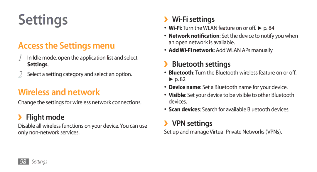 Samsung GT-I5800 user manual Access the Settings menu, Wireless and network 