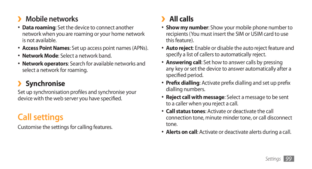 Samsung GT-I5800 user manual Call settings, ›› Mobile networks, ›› Synchronise, ›› All calls 