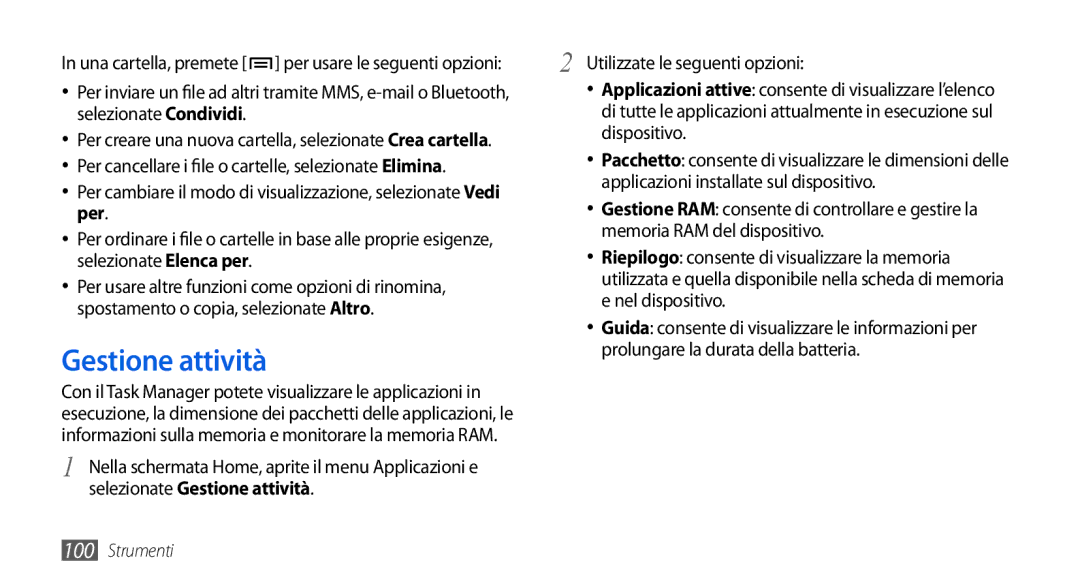 Samsung GT-I5800DKAOMN, GT-I5800CWAOMN, GT-I5800CWAOPT manual Per, Selezionate Gestione attività 