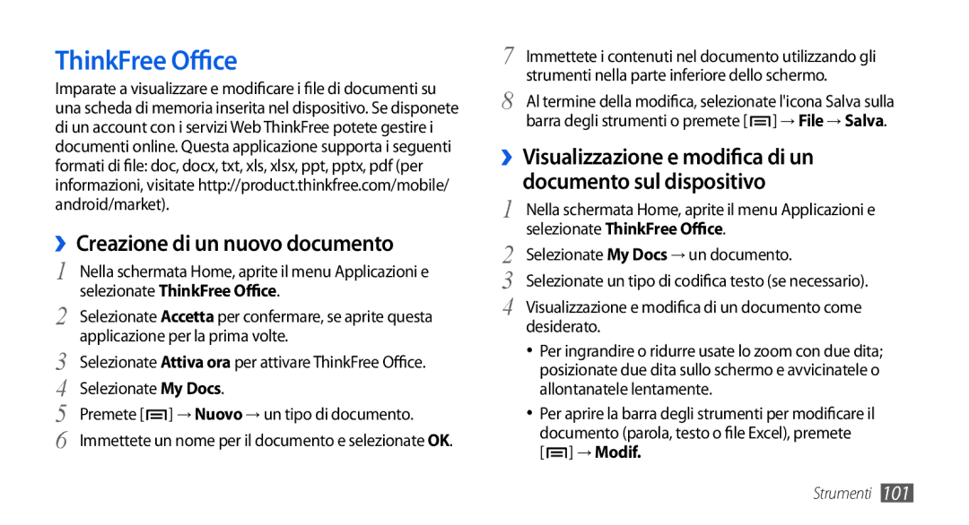 Samsung GT-I5800CWAOPT, GT-I5800CWAOMN, GT-I5800DKAOMN manual ThinkFree Office, ››Creazione di un nuovo documento, → Modif 