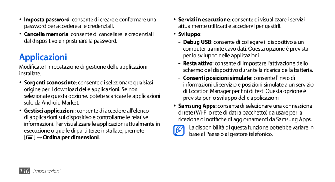 Samsung GT-I5800CWAOPT, GT-I5800CWAOMN, GT-I5800DKAOMN manual Applicazioni, → Ordina per dimensioni, Sviluppo 