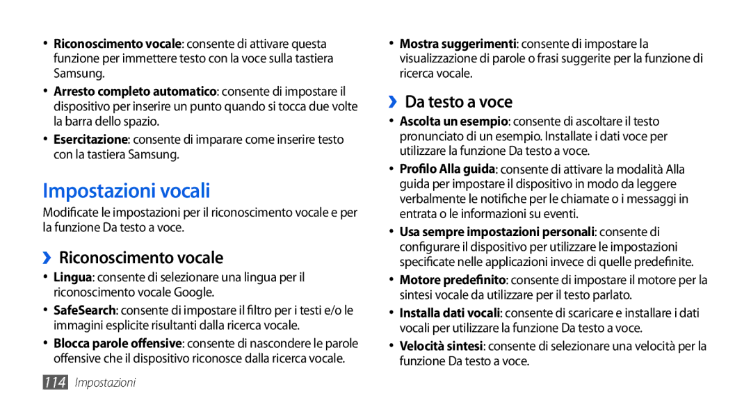 Samsung GT-I5800CWAOMN, GT-I5800DKAOMN, GT-I5800CWAOPT manual Impostazioni vocali, ››Riconoscimento vocale, ››Da testo a voce 