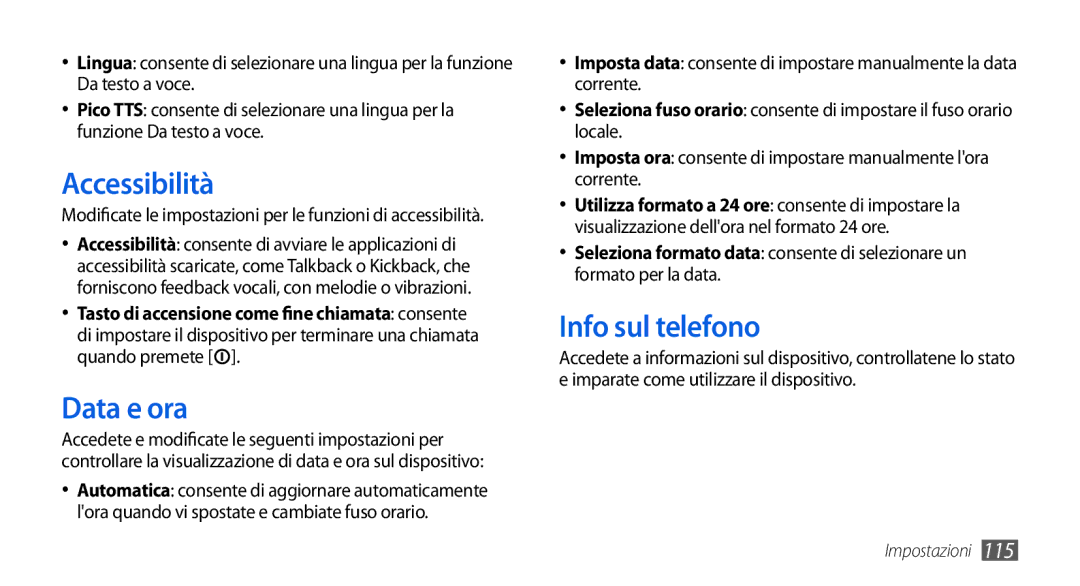 Samsung GT-I5800DKAOMN, GT-I5800CWAOMN, GT-I5800CWAOPT manual Accessibilità, Data e ora, Info sul telefono 