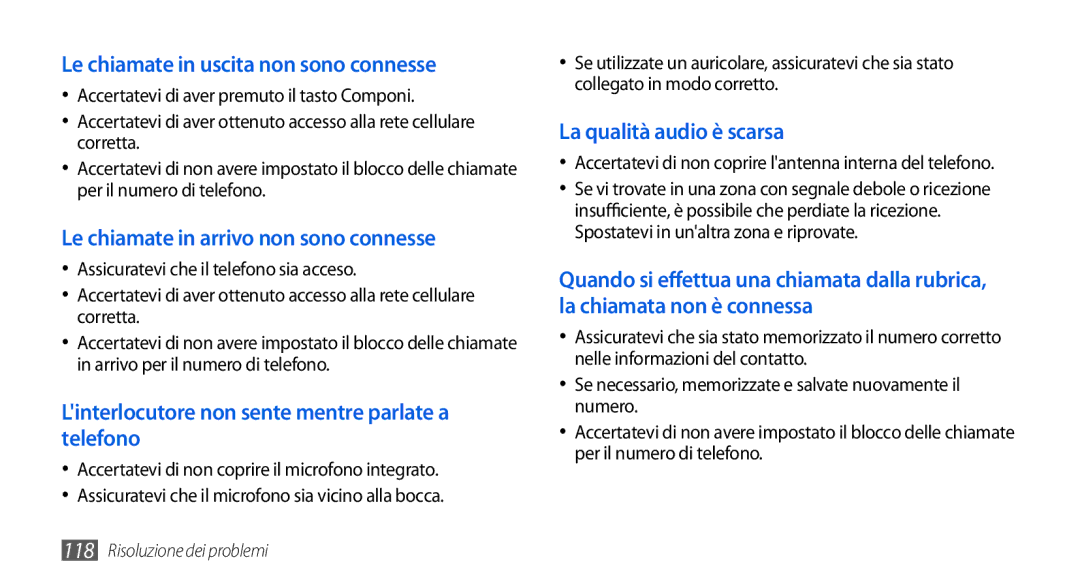 Samsung GT-I5800DKAOMN, GT-I5800CWAOMN, GT-I5800CWAOPT manual Le chiamate in uscita non sono connesse 