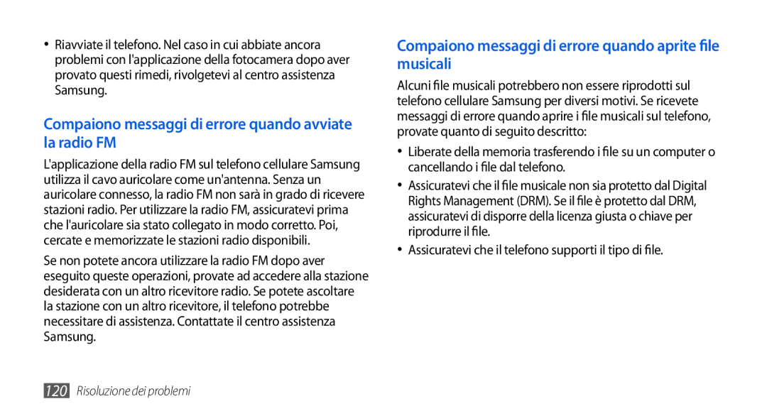 Samsung GT-I5800CWAOMN, GT-I5800DKAOMN, GT-I5800CWAOPT manual Compaiono messaggi di errore quando avviate la radio FM 