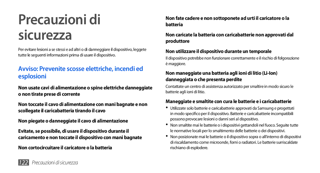 Samsung GT-I5800CWAOPT, GT-I5800CWAOMN Precauzioni di sicurezza, Avviso Prevenite scosse elettriche, incendi ed esplosioni 