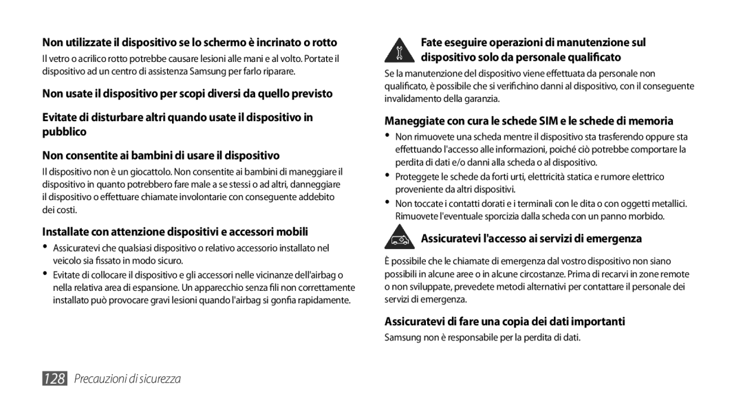 Samsung GT-I5800CWAOPT, GT-I5800CWAOMN, GT-I5800DKAOMN manual Assicuratevi laccesso ai servizi di emergenza 