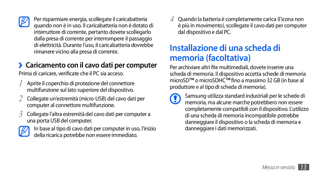 Samsung GT-I5800DKAOMN, GT-I5800CWAOMN, GT-I5800CWAOPT manual Prima di caricare, verificate che il PC sia acceso 