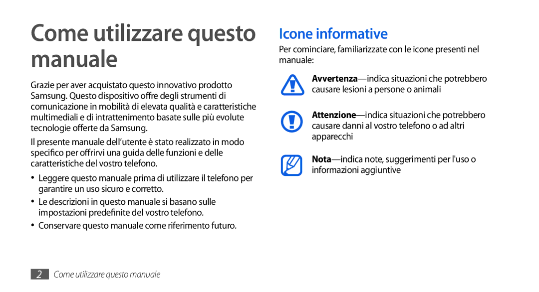 Samsung GT-I5800CWAOPT, GT-I5800CWAOMN, GT-I5800DKAOMN Come utilizzare questo manuale, Icone informative 