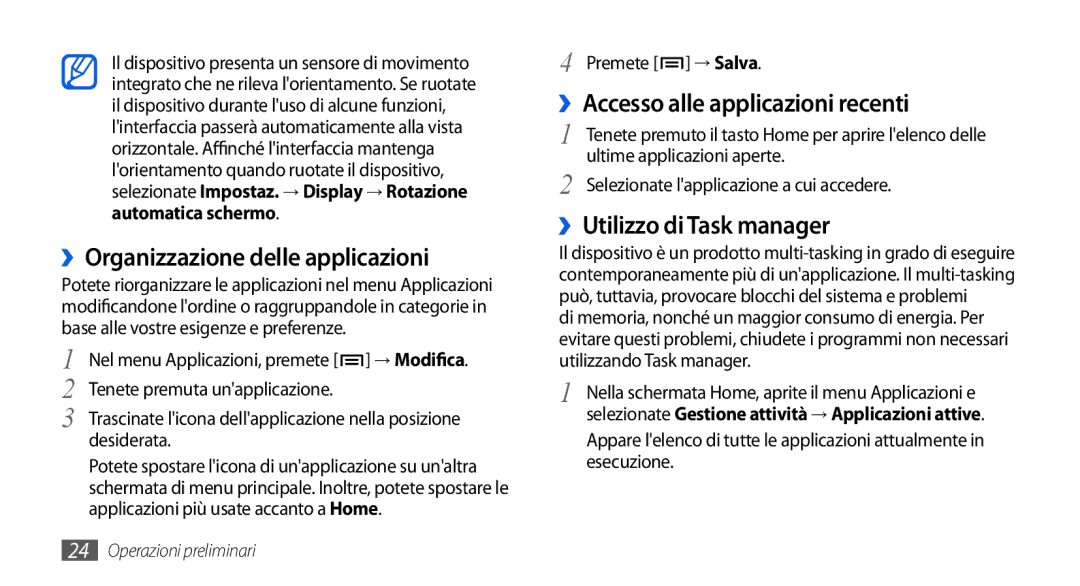 Samsung GT-I5800CWAOMN, GT-I5800DKAOMN, GT-I5800CWAOPT manual ››Organizzazione delle applicazioni, ››Utilizzo di Task manager 