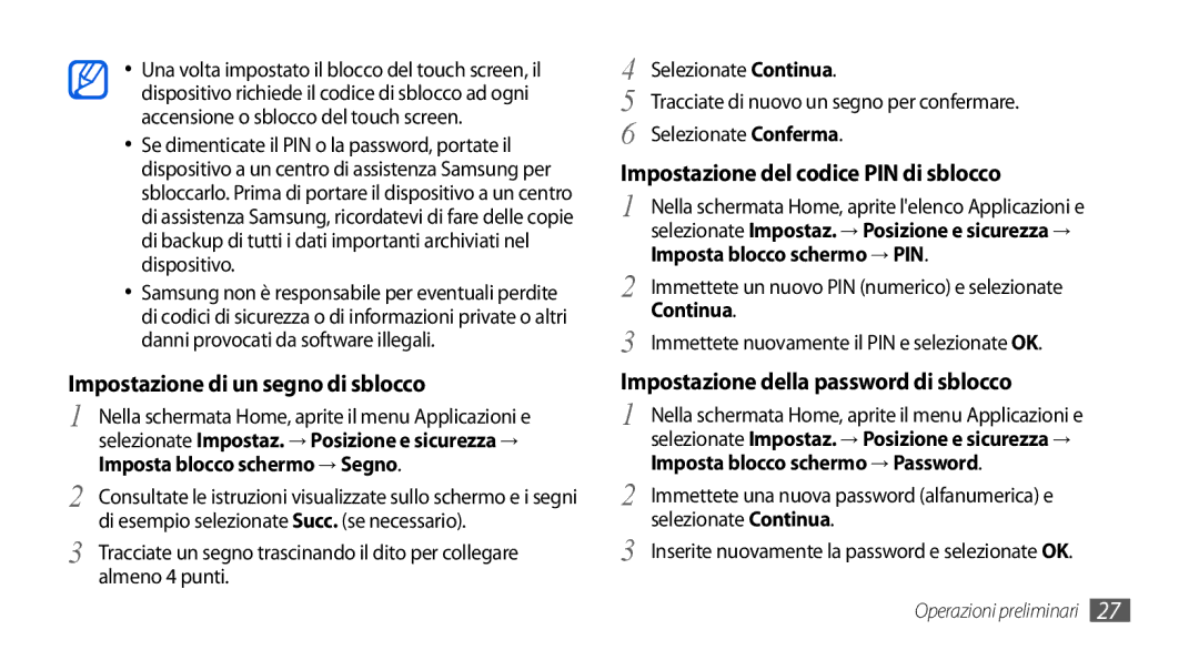 Samsung GT-I5800CWAOMN manual Selezionate Conferma, Impostazione del codice PIN di sblocco, Imposta blocco schermo → PIN 