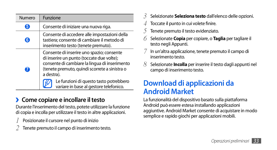 Samsung GT-I5800CWAOMN, GT-I5800DKAOMN Download di applicazioni da Android Market, ››Come copiare e incollare il testo 