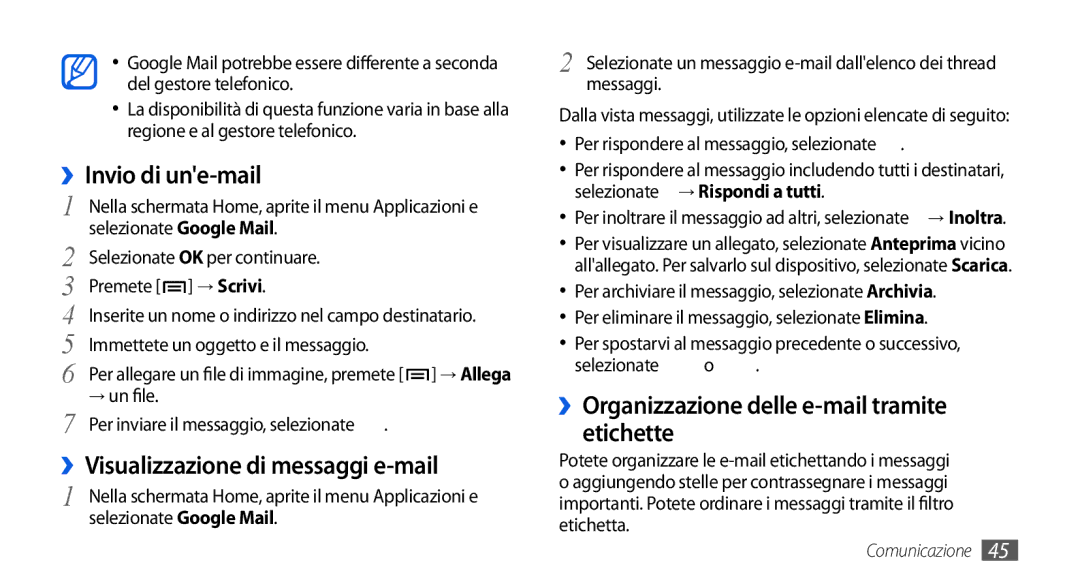 Samsung GT-I5800CWAOMN, GT-I5800DKAOMN, GT-I5800CWAOPT manual ››Invio di une-mail, ››Visualizzazione di messaggi e-mail 