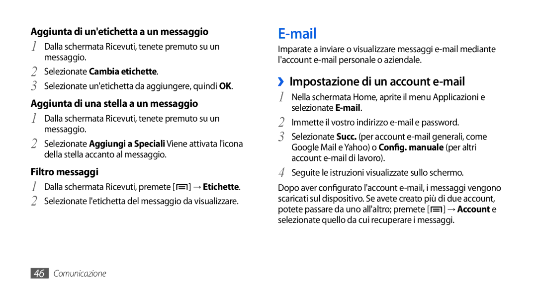 Samsung GT-I5800DKAOMN, GT-I5800CWAOMN manual Mail, ››Impostazione di un account e-mail, Selezionate Cambia etichette 