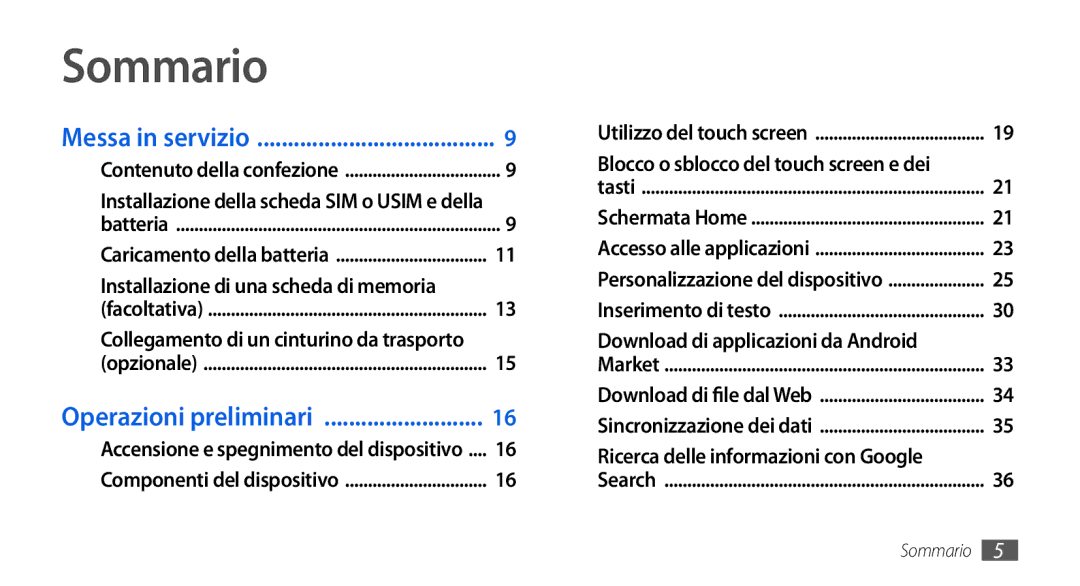 Samsung GT-I5800CWAOPT manual Sommario, Installazione di una scheda di memoria, Download di applicazioni da Android 