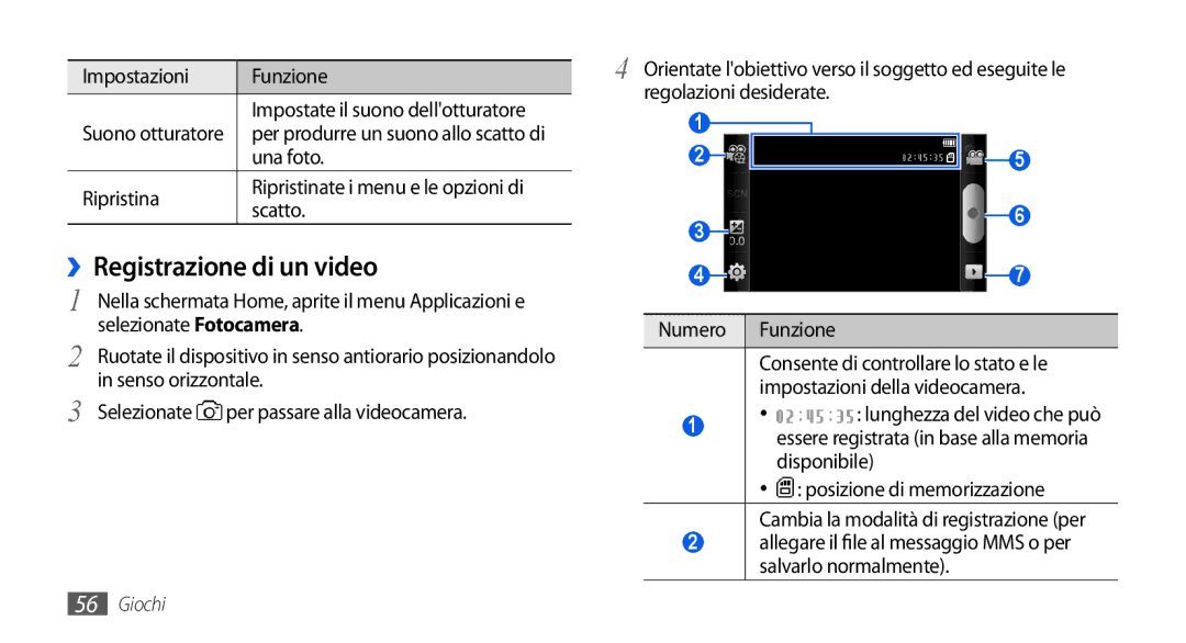 Samsung GT-I5800CWAOPT, GT-I5800CWAOMN, GT-I5800DKAOMN manual ››Registrazione di un video 