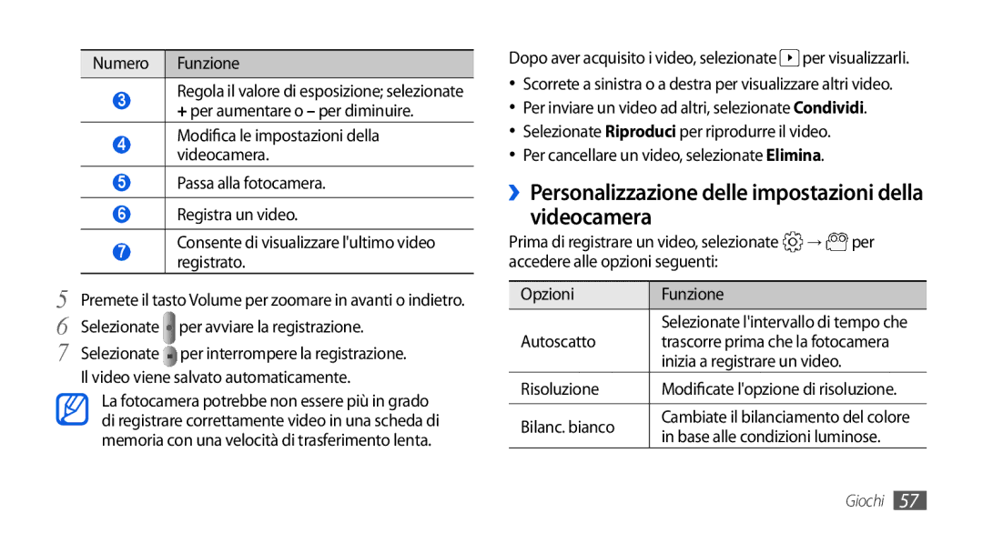 Samsung GT-I5800CWAOMN manual ››Personalizzazione delle impostazioni della videocamera, Trascorre prima che la fotocamera 