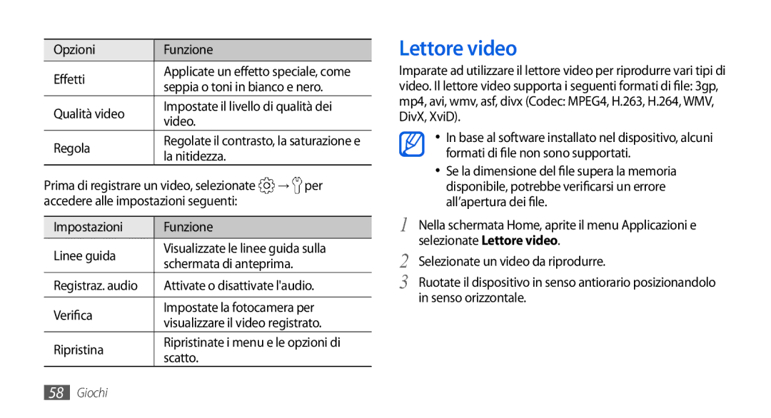 Samsung GT-I5800DKAOMN, GT-I5800CWAOMN, GT-I5800CWAOPT manual Lettore video 