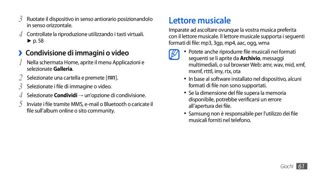 Samsung GT-I5800DKAOMN manual Lettore musicale, ››Condivisione di immagini o video, Selezionate una cartella e premete 