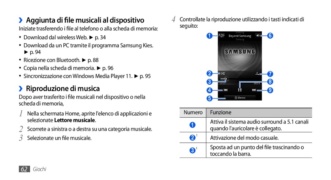 Samsung GT-I5800CWAOPT, GT-I5800CWAOMN manual Musicali al dispositivo, ››Riproduzione di musica, ››Aggiunta di file 