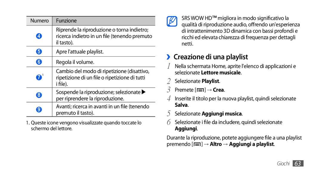 Samsung GT-I5800CWAOMN, GT-I5800DKAOMN, GT-I5800CWAOPT manual ››Creazione di una playlist, Salva, Selezionate Aggiungi musica 