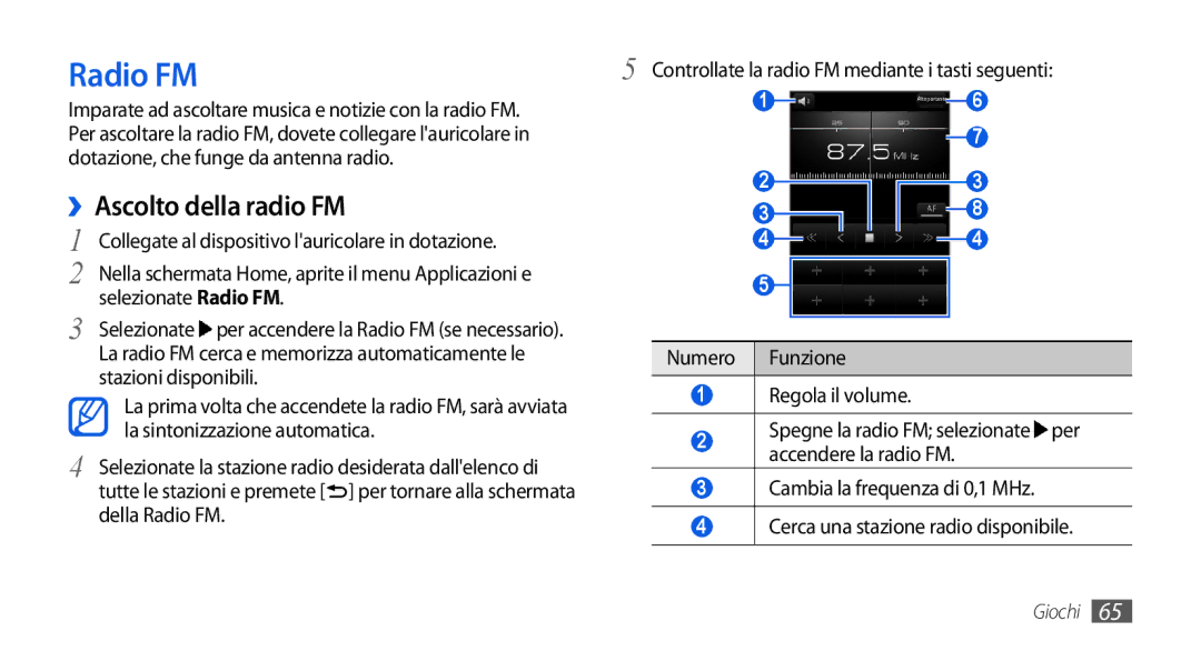 Samsung GT-I5800CWAOPT, GT-I5800CWAOMN, GT-I5800DKAOMN manual Radio FM, ››Ascolto della radio FM 