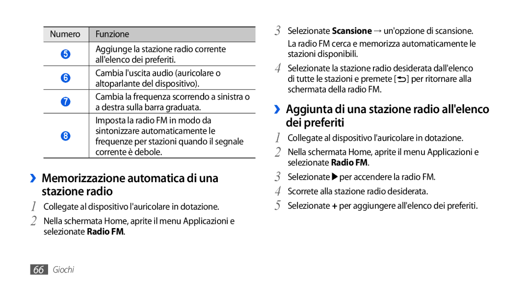 Samsung GT-I5800CWAOMN manual ››Aggiunta di una stazione radio allelenco dei preferiti, Imposta la radio FM in modo da 