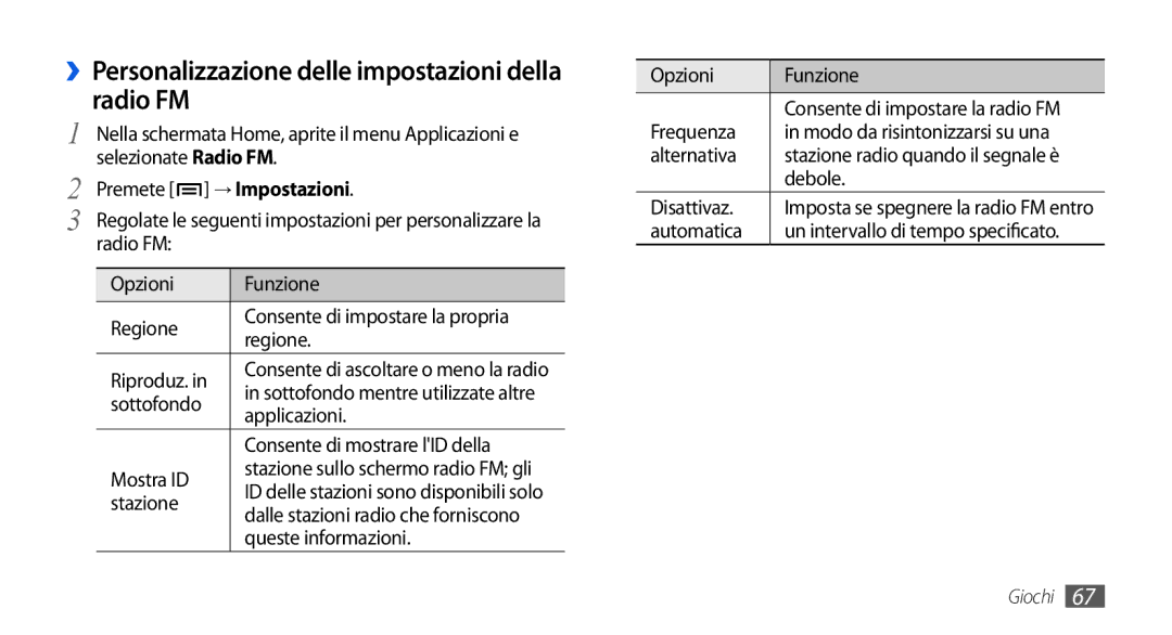 Samsung GT-I5800DKAOMN, GT-I5800CWAOMN, GT-I5800CWAOPT manual ››Personalizzazione delle impostazioni della radio FM 