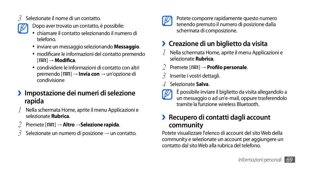 Samsung GT-I5800CWAOMN manual ››Impostazione dei numeri di selezione rapida, ››Creazione di un biglietto da visita 