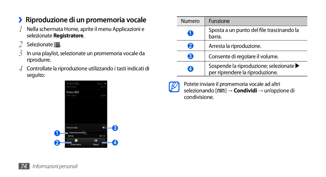 Samsung GT-I5800CWAOPT, GT-I5800CWAOMN, GT-I5800DKAOMN manual ››Riproduzione di un promemoria vocale, Seguito 