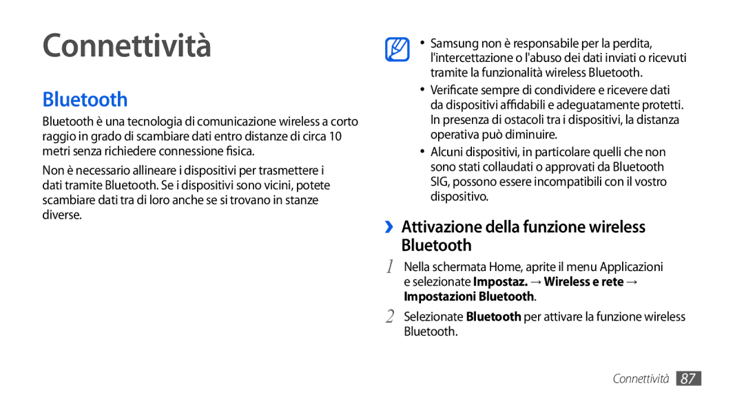 Samsung GT-I5800CWAOMN manual Connettività, ››Attivazione della funzione wireless Bluetooth, Impostazioni Bluetooth 