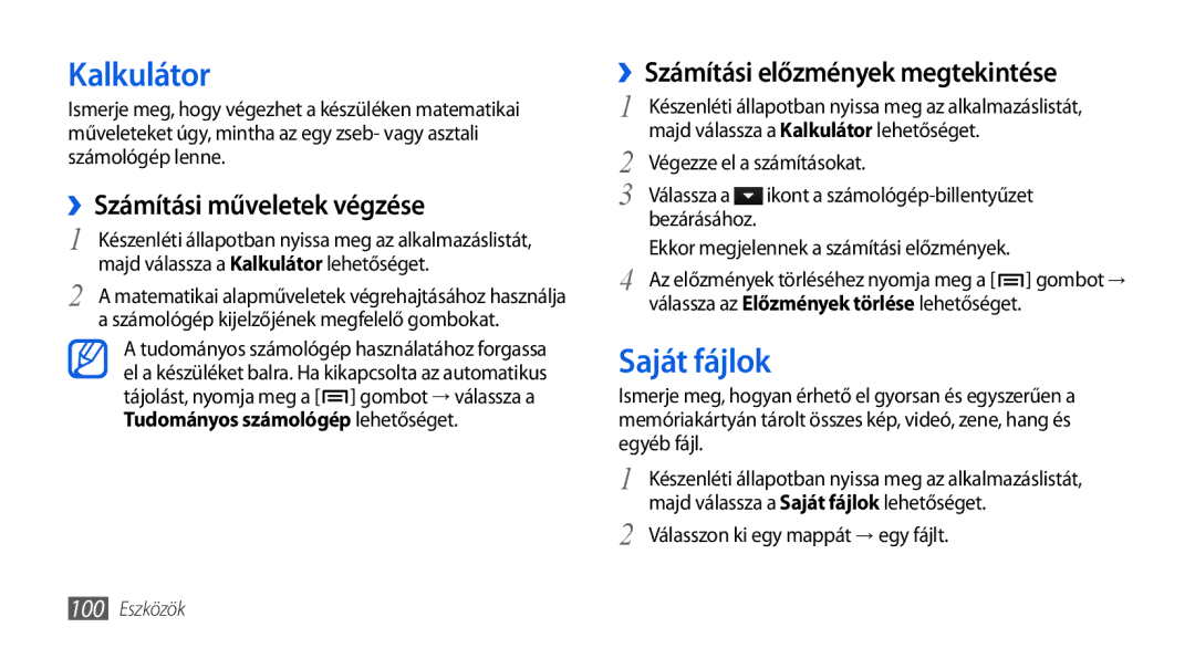 Samsung GT-I5800DKAVGR manual Kalkulátor, Saját fájlok, ››Számítási műveletek végzése, ››Számítási előzmények megtekintése 