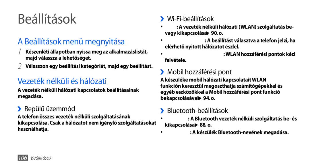 Samsung GT-I5800DKAXEO, GT-I5800CWAOMN, GT-I5800DKAOMN manual Beállítások menü megnyitása, Vezeték nélküli és hálózati 