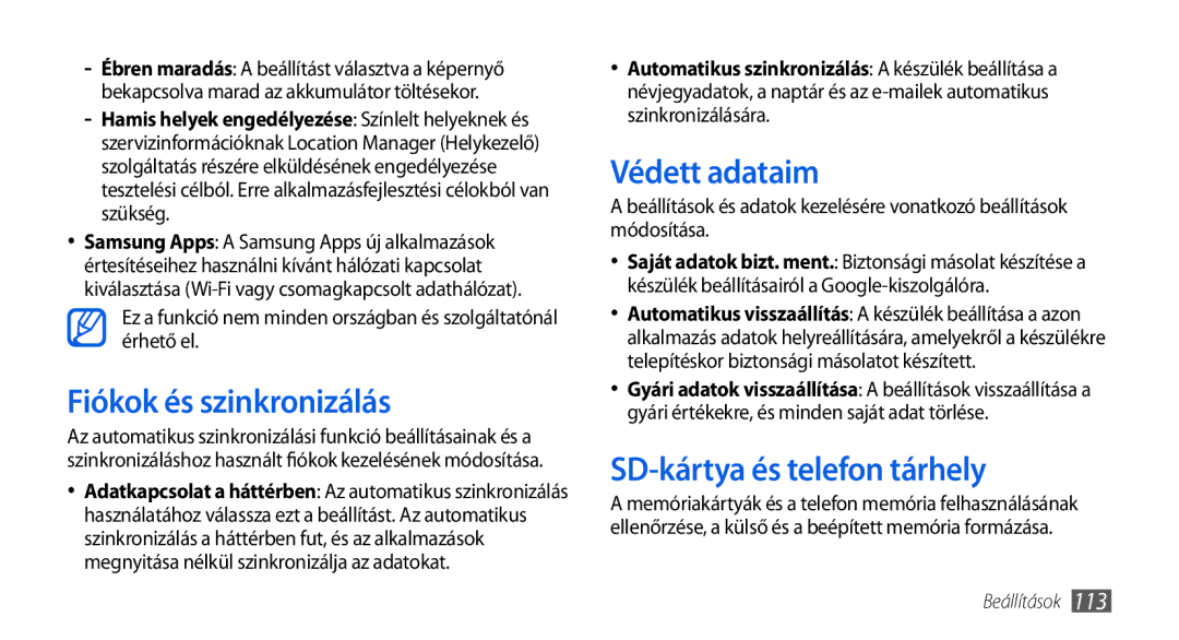 Samsung GT-I5800DKAXEH, GT-I5800CWAOMN manual Fiókok és szinkronizálás, Védett adataim, SD-kártya és telefon tárhely 