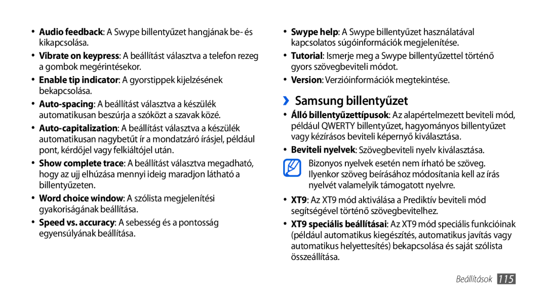 Samsung GT-I5800DKAOMN, GT-I5800CWAOMN, GT-I5800DKACOA manual ››Samsung billentyűzet, Version Verzióinformációk megtekintése 