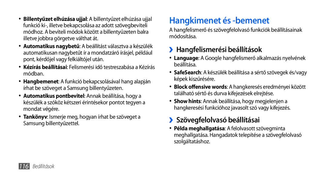 Samsung GT-I5800DKACOA manual Hangkimenet és -bemenet, ››Hangfelismerési beállítások, ››Szövegfelolvasó beállításai 