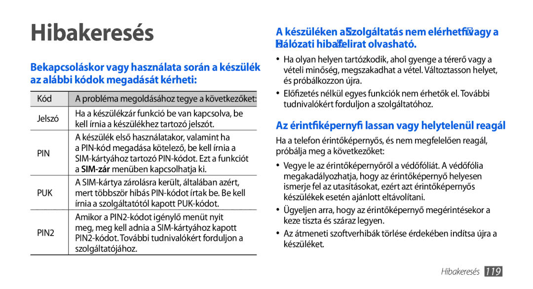 Samsung GT-I5800DKAVGR, GT-I5800CWAOMN, GT-I5800DKAOMN, GT-I5800DKACOA, GT-I5800DKAXEZ, GT-I5800DKACOS manual Hibakeresés 