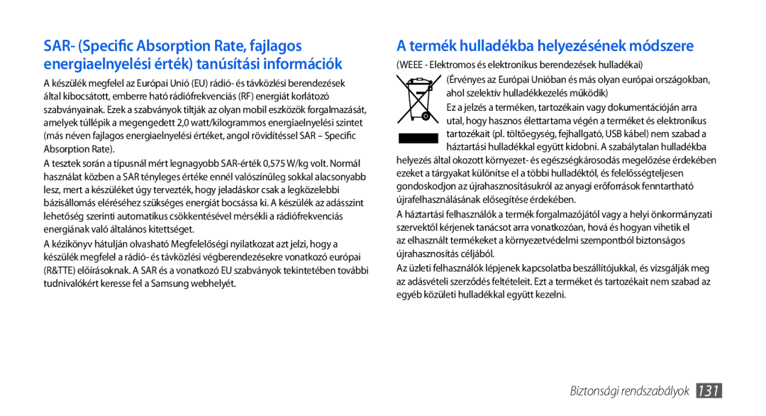 Samsung GT-I5800DKAPLS, GT-I5800CWAOMN, GT-I5800DKAOMN, GT-I5800DKACOA manual Termék hulladékba helyezésének módszere 